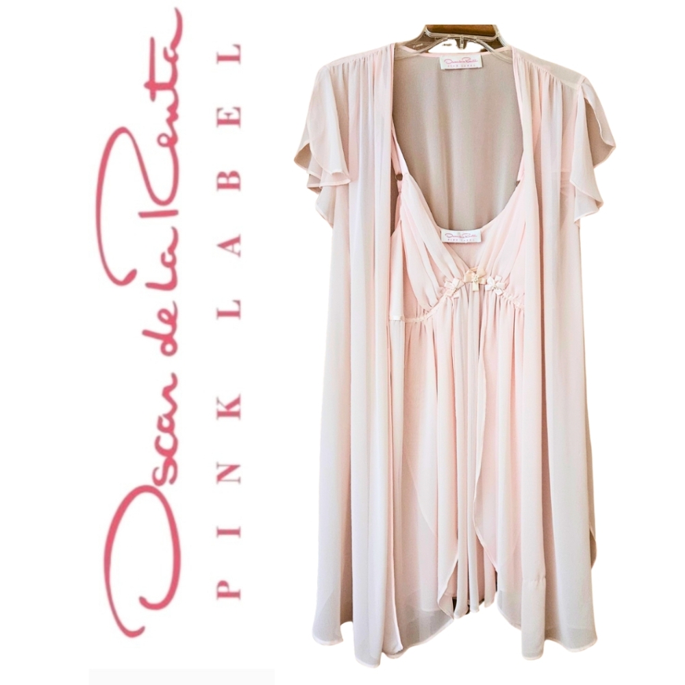 🌸Oscar de la Renta Pink Label Satin Lace Nightgown Robe Set